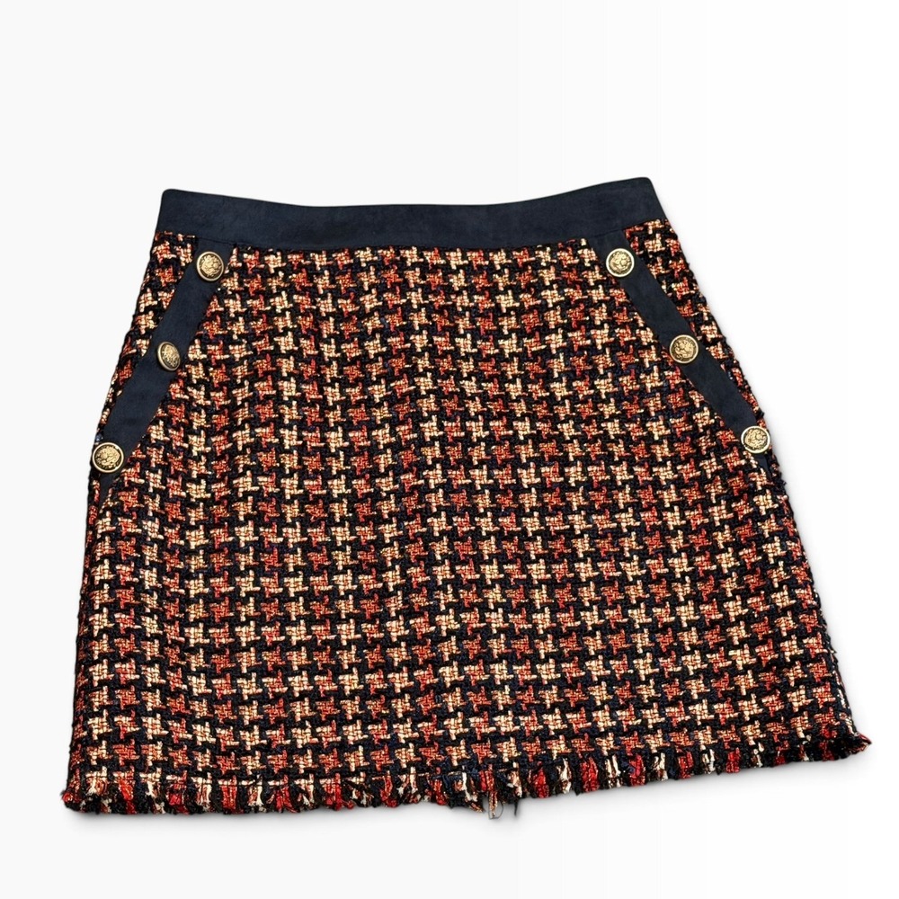 Judith March Navy Red Tweed Houndstooth Mini Skirt Gold Crest Buttons Small